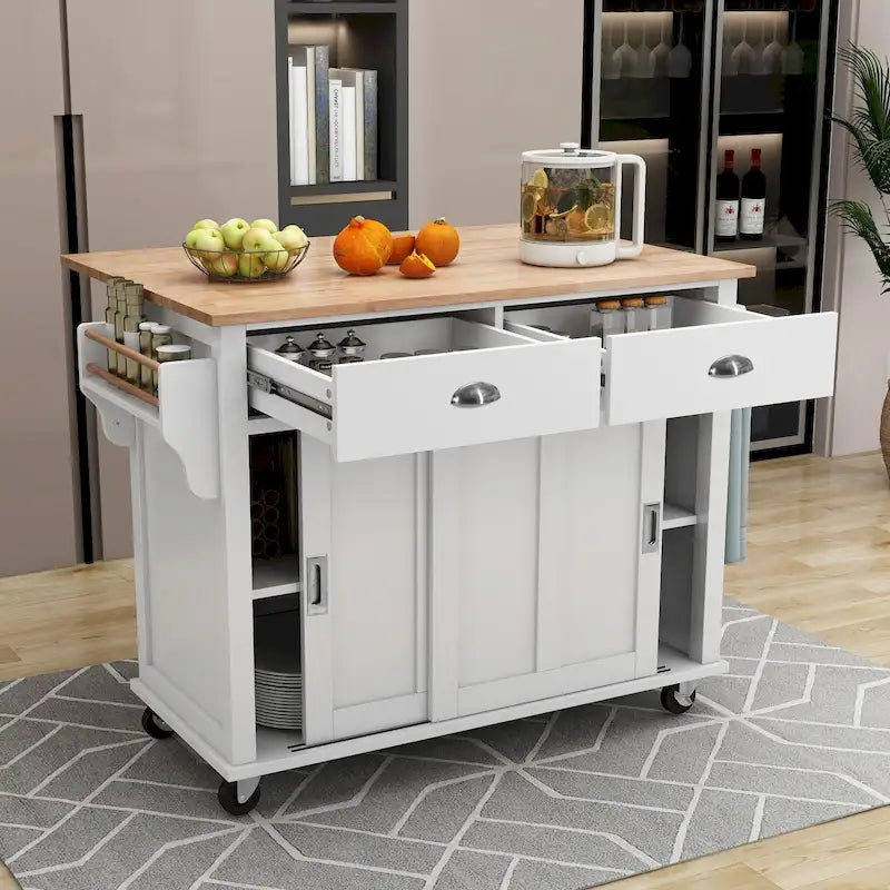 Îlot de cuisine pliant en bois sur roulettes avec étagère réglable, armoire de rangement, 2 tiroirs et porte coulissante dissimulée de style grange