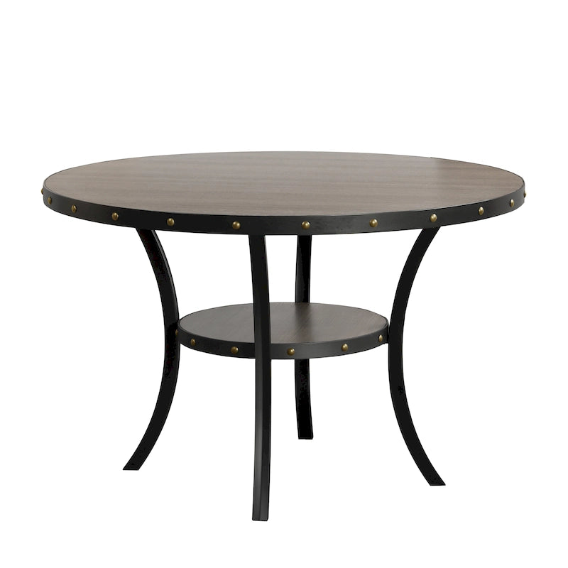 Table à manger ronde rustique avec garniture cloutée et étagère centrale