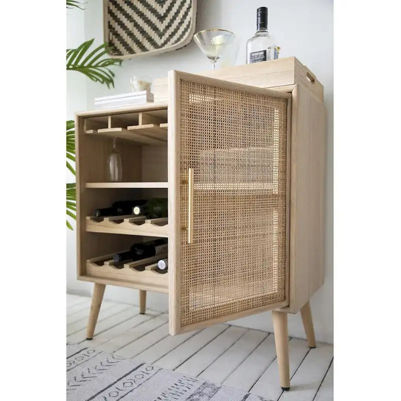 Meuble de rangement pour vin autoportant en rotin naturel et MDF avec porte