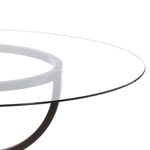 Table à manger ronde de 122 cm, plateau en verre transparent, pieds avec motif d'anneaux entrelacés