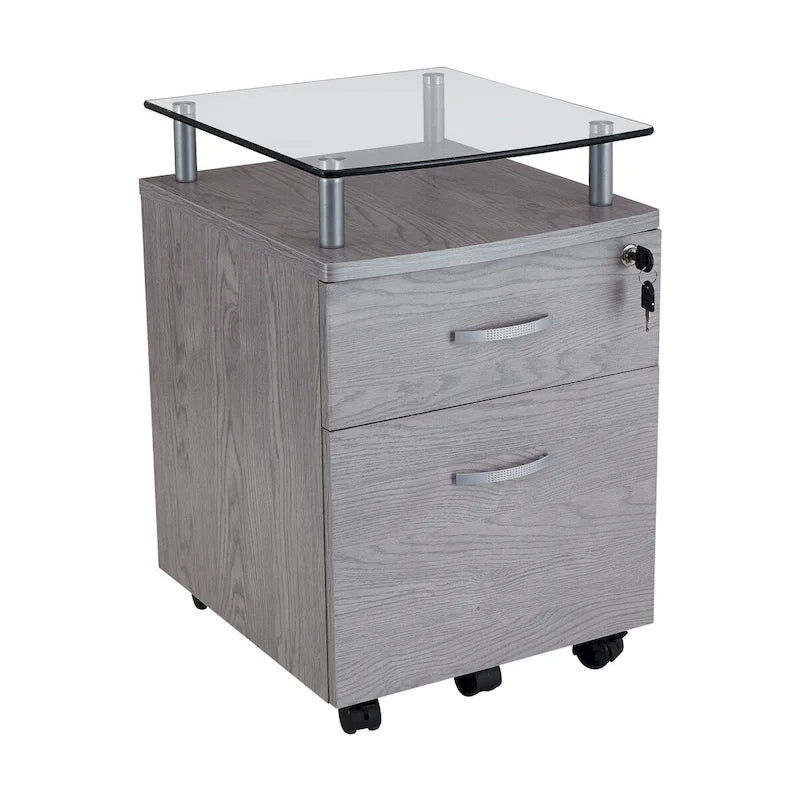 Meuble classeur roulant avec plateau en verre